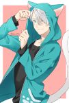  1boy 92_(artist) ;3 animal_hood blue_eyes cat_hood cat_tail highres hood hoodie jewelry male_focus one_eye_closed paw_pose ring silver_hair smile solo standing tail twitter_username viktor_nikiforov yuri!!!_on_ice 