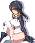  1girl black_hair blush breasts brown_eyes covered_navel emperor_penguin_(kemono_friends) fujikusa hair_over_one_eye headphones highleg highleg_leotard highres jacket kemono_friends large_breasts leotard long_hair looking_at_viewer multicolored_hair open_clothes orange_hair sitting solo thigh-highs white_legwear white_leotard 