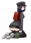  1girl akitsu_maru_(kantai_collection) backpack bag black_eyes black_hair black_hat breasts gloves hat highres kantai_collection large_breasts military military_hat military_uniform namake_bushi pale_skin peaked_cap pleated_skirt remodel_(kantai_collection) shoes short_hair skirt sneakers solo thigh-highs uniform white_gloves white_skin zettai_ryouiki 