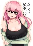  1girl absurdres bare_shoulders bespectacled blush breast_hold breasts cleavage crossed_arms glasses highres large_breasts logo long_hair looking_at_viewer nitroplus one_eye_closed open_mouth pink_eyes pink_hair sasanoha_toro smile solo super_sonico tank_top 