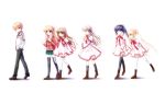  1boy 5girls ahoge black_legwear black_ribbon blonde_hair blue_eyes boots braid brown_boots brown_eyes brown_hair brown_jacket dress eyepatch from_side green_eyes green_skirt hair_ribbon hands_in_pockets high_ponytail highres hinoue_itaru kanbe_kotori kneehighs konohana_lucia long_hair multiple_girls nakatsu_shizuru necktie ootori_chihaya pink_dress pleated_skirt purple_hair red_necktie red_ribbon rewrite ribbon school_uniform senri_akane short_hair silver_hair simple_background skirt spiky_hair tennouji_kotarou thigh-highs twintails white_background white_legwear white_ribbon zettai_ryouiki 