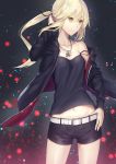  1girl bangs belly_peek belt black_ribbon black_shorts blonde_hair camisole cowboy_shot eyebrows_visible_through_hair fate_(series) hair_between_eyes hair_ribbon hand_in_hair hand_on_hip hand_up hips hood hoodie jewelry light_smile lip-mil long_hair looking_to_the_side navel necklace open_clothes open_hoodie parted_lips ponytail ribbon saber saber_alter short_shorts shorts sidelocks smile solo strap_slip thighs yellow_eyes 
