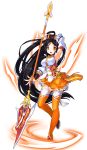  1girl ara_han arm_up armpits black_hair brown_eyes detached_sleeves elsword full_body highres holding holding_weapon long_hair looking_at_viewer official_art open_mouth orange_legwear orange_skirt polearm ribbon skirt solo thigh-highs transparent_background very_long_hair weapon white_ribbon 