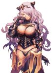  1girl armor black_armor black_gloves black_panties boots breasts camilla_(fire_emblem_if) capelet cleavage eyelashes fire_emblem fire_emblem_if gloves hair_over_one_eye hand_on_own_cheek kitsune_n large_breasts lips long_hair looking_at_viewer panties purple_hair shiny shiny_clothes shiny_skin simple_background solo thigh-highs thigh_boots thighs tiara underwear vambraces violet_eyes wavy_hair white_background 