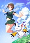  1girl brown_eyes brown_hair digimon digimon_adventure digimon_adventure_tri. full_body jh school_uniform short_hair smile solo tailmon yagami_hikari 