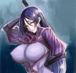  1girl black_hair bodysuit breasts covered_navel cowboy_shot diffraction_spikes fate/grand_order fate_(series) fingerless_gloves gloves hair_between_eyes highres holding holding_weapon huge_breasts japanese_clothes kneeling large_breasts leotard long_hair looking_at_viewer minamoto_no_raikou_(fate/grand_order) parted_lips purple_hair shiny shiny_clothes shiny_hair shoukaki_(earthean) sketch smile solo thighs very_long_hair violet_eyes weapon wide_hips 