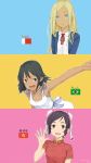  &gt;:d 3girls :d artist_name bangs black_hair brazilian_flag character_name chinese chinese_clothes collarbone collared_shirt commentary_request dark_skin dated dress dress_shirt dubai_and_ajman_flag head_tilt highres hong_kong_regional_flag idolmaster idolmaster_cinderella_girls jewelry kawashina_(momen_silicon) layla_(idolmaster) long_hair looking_at_viewer multicolored multicolored_background multiple_girls natalia_(idolmaster) neck_ribbon necklace number open_mouth outline outstretched_arm parted_lips red_ribbon ribbon shirt short_hair sleeveless sleeveless_dress smile swept_bangs violet_eyes waving white_dress white_shirt wing_collar yao_feifei 