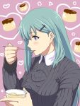  1girl blue_eyes commentary_request eating food green_hair hair_ornament hairclip holding ishii_hisao kantai_collection long_hair pudding smile solo spoon suzuya_(kantai_collection) sweater 