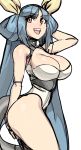  1girl alternate_costume bangs blue_hair breasts cleavage dizzy eyebrows_visible_through_hair guilty_gear hair_rings half_updo hand_in_hair highres large_breasts legs leotard long_hair maniacpaint no_wings red_eyes solo tail thighs twintails very_long_hair 