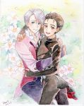  2017 2boys artist_name black_hair blue_eyes bodysuit brown_eyes dated dorris flower graphite_(medium) hair_slicked_back highres hug katsuki_yuuri lily_(flower) male_focus multiple_boys open_mouth petals silver_hair smile traditional_media viktor_nikiforov watercolor_(medium) yaoi yuri!!!_on_ice 