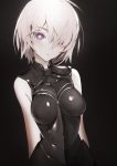  1girl armor armored_dress arms_behind_back bare_shoulders black_dress blush breasts breasts_apart closed_mouth dress fate/grand_order fate_(series) hair_over_one_eye highres hong looking_at_viewer medium_breasts pink_hair ribbed_dress ribbed_shirt serious shielder_(fate/grand_order) shirt short_hair sleeveless sleeveless_dress solo turtleneck upper_body violet_eyes 
