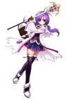  1girl aisha_(elsword) black_legwear blue_skirt book brown_gloves elemental_master_(elsword) elsword full_body gloves hair_ornament holding long_hair looking_at_viewer official_art purple_hair skirt smile solo staff thigh-highs transparent_background violet_eyes 