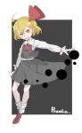  1girl blonde_hair character_name d:&lt; full_body hair_ribbon highres o_(crazyoton46) outstretched_arm red_eyes ribbon rumia shirt short_hair skirt touhou vest 
