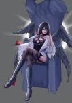  00s black_hair black_wings boots breasts choker dress dungeon_and_fighter female_priest_(dungeon_and_fighter) gloves hand_on_head legs_crossed looking_at_viewer mistress_(dungeon_and_fighter) short_hair tattoo thigh-highs thighs violet_eyes wings 