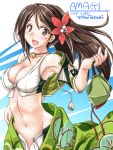 1girl amagi_(kantai_collection) arm_at_side bare_shoulders breasts brown_eyes brown_hair character_name cleavage collarbone cowboy_shot crop_top flower groin hair_between_eyes hair_flower hair_ornament kantai_collection large_breasts lips long_hair looking_at_viewer midriff mole mole_under_eye navel open_mouth ponytail remodel_(kantai_collection) tatsumi_rei undressing 