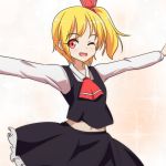  1girl ;d alternate_hairstyle ascot blush cato_(monocatienus) collared_shirt commentary fang hair_ribbon navel one_eye_closed open_mouth outstretched_arms red_eyes ribbon rumia shirt short_hair side_ponytail skirt skirt_set smile solo sparkle spread_arms touhou vest 