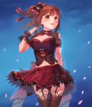  1girl arm_behind_back bangs black_legwear blue_background blush bow breasts brown_eyes brown_hair bustier capelet cleavage cowboy_shot dress earrings garter_straps hair_bow hair_tucking heart heart_earrings idolmaster idolmaster_cinderella_girls idolmaster_cinderella_girls_starlight_stage igarashi_kyouko jewelry kamille_(vcx68) lace lace-trimmed_thighhighs lace_trim long_hair looking_at_viewer medium_breasts midriff navel parted_lips red_dress red_skirt short_sleeves shoulder_cutout side_ponytail skirt smile solo thigh-highs wrist_cuffs 