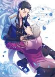  2boys amg_(nwmnmllf) black_hair blue_eyes blue_rose brown_eyes cover cover_page epaulettes eye_contact flower hair_slicked_back ice_skates jewelry katsuki_yuuri lifting_person looking_at_another male_focus multiple_boys petals ring rose silver_hair skates smile viktor_nikiforov yaoi yuri!!!_on_ice 