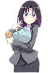  1girl :t bangs black_hair blazer blue_sweater blush breasts collared_shirt elma_(maidragon) eyebrows_visible_through_hair food food_on_face formal framed_breasts glasses gradient_hair green_necktie highres holding holding_food jacket kobayashi-san_chi_no_maidragon large_breasts looking_at_viewer multicolored_hair necktie office_lady parted_bangs rimless_glasses shirt short_hair simk simple_background skirt_suit slit_pupils solo suit sweater sweater_vest white_background wing_collar 