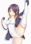  1girl black_hair breasts brown_eyes covered_navel elleco_(bcf159) emperor_penguin_(kemono_friends) headphones highleg highres jacket kemono_friends leotard long_hair looking_at_viewer multicolored_hair open_clothes orange_hair parted_lips smile solo spread_legs standing standing_on_one_leg thigh-highs white_legwear white_leotard 