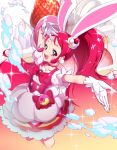  1girl animal_ears cake_hair_ornament choker cure_whip earrings extra_ears food food_themed_hair_ornament fruit gloves hair_ornament highres jewelry kirakira_precure_a_la_mode long_hair magical_girl naokado pink_eyes pink_hair precure rabbit_ears skirt strawberry twintails usami_ichika 