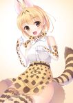  1girl animal_ears animal_print bangs bare_shoulders belt blonde_hair blush bow brown_eyes cat_ears cat_tail elbow_gloves eyebrows_visible_through_hair gloves highres kemono_friends looking_at_viewer open_mouth serval_(kemono_friends) serval_ears serval_print serval_tail shirt short_hair simple_background sitting skirt sleeveless sleeveless_shirt solo tail thigh-highs umitonakai white_shirt 