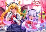  2girls :d :o artist_name bangs beads black_bow black_hairband blonde_hair blue_eyes blunt_bangs blush bow box capelet character_doll commentary dragon_girl dragon_horns dragon_tail dragon_wings dress eyebrows_visible_through_hair gift gift_box gloves hair_beads hair_bow hair_ornament hairband hand_on_own_cheek happy_valentine heart heart-shaped_box holding holding_gift horns indoors javier_estrada kanna_kamui kobayashi-san_chi_no_maidragon kobayashi_(maidragon) long_hair long_sleeves looking_at_viewer maid maid_headdress multiple_girls necktie open_mouth parted_lips ponytail red_eyes red_necktie short_sleeves silver_hair slit_pupils smile tail tooru_(maidragon) twintails valentine white_gloves white_legwear wings 