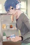  1boy blue_eyes blue_hair collarbone drink eyelashes food food_in_mouth headphones holding indoors long_sleeves looking_at_viewer male_focus megami_ibunroku_devil_survivor milk mouth_hold protagonist_(devil_survivor) qitoli refrigerator room shirt short_hair solo standing toast toast_in_mouth window wire 
