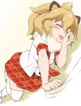  1girl :3 animal_ears bed_sheet blonde_hair blush cat_ears character_request closed_eyes fur_trim kemono_friends lion_(kemono_friends) lion_ears lying on_side paw_pose school_uniform sheet_grab short_hair skirt solo thigh-highs tongue tongue_out white_legwear youkan 