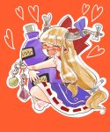  1girl :d ^_^ bangs blonde_hair blue_ribbon blue_skirt blunt_bangs blush bow chains closed_eyes drooling drunk fang full_body gourd hair_bow heart highres horn_bow horn_ribbon horns hug ibuki_suika komaku_juushoku long_hair object_hug open_mouth red_background red_bow ribbon ribbon-trimmed_skirt shirt sidelocks sitting skirt sleeveless smile socks solo torn_clothes torn_sleeves touhou very_long_hair white_bow white_legwear white_shirt 