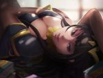  1girl arm_on_head artist_name artist_request black_hair bodysuit book breasts cleavage fire_emblem fire_emblem:_kakusei highres lens_flare long_hair looking_at_viewer lying on_back smile solo tharja tiara violet_eyes 