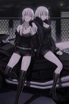  2girls ahoge black black_coat black_dress black_jacket black_legwear black_shirt blonde_hair boots breasts cigarette cleavage coat dress fate/grand_order fate/stay_night fate_(series) fur-trimmed_coat fur_trim ground_vehicle hair_bun highres jacket jeanne_alter jewelry knee_boots looking_at_viewer moon motor_vehicle motorcycle mouth_hold multiple_girls necklace night nipi27 off_shoulder ponytail ruler_(fate/apocrypha) saber saber_alter shirt short_dress short_hair shorts yellow_eyes 
