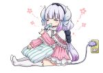  1girl =_= capelet commentary_request dragon_girl dragon_horns dragon_tail eating electric_socket food hair_bobbles hair_ornament hairband holding horns kanna_kamui kobayashi-san_chi_no_maidragon lavender_hair long_hair looking_at_viewer low_twintails merushi~ pillow popsicle simple_background sitting solo tail thigh-highs twintails white_background white_legwear zettai_ryouiki 