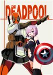  1boy alternate_costume apron armor armored_dress belt bodysuit breasts captain_america commentary_request crossover deadpool enmaided fate/grand_order fate_(series) hair_over_one_eye kanameya katana long_sleeves looking_at_viewer maid maid_apron marvel mask medium_breasts purple_hair shield shielder_(fate/grand_order) short_hair smile sword violet_eyes waist_apron weapon 