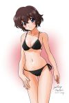  1girl 2017 akiyama_yoshiko bikini black_bikini blue_eyes breasts brown_hair cleavage cowboy_shot dated girls_und_panzer hair_between_eyes looking_at_viewer matsui_yasutsugu mature navel short_hair side-tie_bikini signature smile solo standing swimsuit wavy_hair 