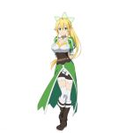  1girl arms_behind_back black_boots blonde_hair boots breasts choker cleavage collarbone full_body green_eyes large_breasts leafa long_hair looking_at_viewer official_art pointy_ears ponytail shorts simple_background smile solo standing sword_art_online thigh-highs very_long_hair white_background white_legwear white_shorts 