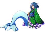  1girl :d baba_(baba_seimaijo) blue_eyes blue_hair commentary_request drill_hair fish_tail floral_print from_side full_body head_fins highres japanese_clothes kimono long_sleeves looking_away mermaid monster_girl obi open_mouth sash smile solo tachi-e touhou transparent_background wakasagihime wide_sleeves 