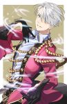  1boy 92_(artist) black_gloves blue_eyes gloves hair_over_one_eye highres male_focus motion_lines outstretched_hand parted_lips shingeki_no_bahamut silver_hair smile snowflakes sparkle standing twitter_username viktor_nikiforov wide_sleeves yuri!!!_on_ice 