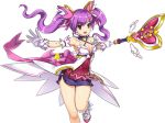  1girl aisha_(elsword) breasts cleavage dimension_witch_(elsword) elsword gloves hair_ornament holding long_hair magical_girl medium_breasts microskirt official_art one_leg_raised open_mouth outstretched_arms purple_hair purple_skirt skirt solo staff star transparent_background twintails violet_eyes white_gloves 