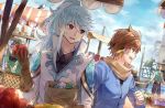  2boys bag bird boat brown_hair day earrings feather_earrings food fruit gloves green_eyes highres holding holding_fruit jewelry long_hair long_sleeves looking_at_another male_focus market mikleo_(tales) multiple_boys ocean open_mouth outdoors qitoli seagull sorey_(tales) standing sword tales_of_(series) tales_of_zestiria violet_eyes watercraft weapon 