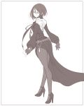  00s cross dress dungeon_and_fighter female_priest_(dungeon_and_fighter) greyscale high_heels highres looking_at_viewer mistress_(dungeon_and_fighter) monochrome pantyhose short_hair solo tattoo white_background 
