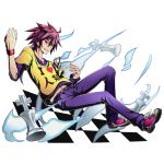  1boy collarbone divine_gate full_body grin groin hair_between_eyes looking_at_viewer navel no_game_no_life official_art pants purple_hair purple_pants purple_shirt red_eyes shirt smile solo sora_(no_game_no_life) spiky_hair transparent_background ucmm wrist_cuffs yellow_shirt 