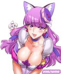  1girl animal_ears blush breasts cat_ears choker cleavage commentary_request cure_macaron earrings elbow_gloves extra_ears food_themed_hair_ornament gloves hair_ornament highres jewelry kirakira_precure_a_la_mode kotozume_yukari large_breasts leaning_forward lips long_hair macaron_hair_ornament magical_girl pekorin_(precure) precure purple_choker purple_hair satou_shouji shiny shiny_skin simple_background solo teeth tongue tongue_out violet_eyes white_background white_gloves 