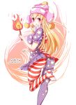  1girl american_flag_dress american_flag_legwear ass blonde_hair breasts clownpiece dress erect_nipples fire furim hat highres jester_cap long_hair looking_back medium_breasts microdress neck_ruff pantyhose pink_eyes polka_dot simple_background solo star star_print striped torch touhou white_background 