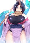  1girl bandage bare_shoulders black_hair blue_eyes blush breasts cowboy_shot dragon_girl dragon_tail elma_(maidragon) gradient gradient_hair holding horn japanese_clothes kimono kobayashi-san_chi_no_maidragon large_breasts leg_wraps leotard_under_clothes long_sleeves monster_girl multicolored_hair obi off_shoulder open_clothes open_kimono open_mouth osiimi_(artist) purple_hair purple_ribbon ribbon sash short_hair sideboob skin_tight sleeveless solo tail wide_sleeves 