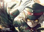  1girl blonde_hair character_name copyright_name feathers gloves grin hair_between_eyes hat iron_cross looking_at_viewer military military_hat military_uniform neekochanii short_hair smile solo tanya_degurechaff uniform white_gloves yellow_eyes youjo_senki 