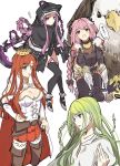  1boy 2girls alternate_costume alternate_hairstyle androgynous bird boudica_(fate/grand_order) braid chains crossdressinging crown enkidu_(fate/strange_fake) fang fate/apocrypha fate/grand_order fate/strange_fake fate_(series) green_eyes green_hair hair_ribbon highres long_hair looking_at_viewer medusa_(lancer)_(fate) multiple_girls nari open_mouth pink_hair redhead ribbon rider rider_of_black smile thigh-highs trap weapon white_background 