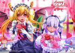  2girls :d :o artist_name bangs beads black_bow black_hairband blonde_hair blue_eyes blunt_bangs blush bow box capelet character_doll commentary dragon_girl dragon_horns dragon_tail dragon_wings dress eyebrows_visible_through_hair gift gift_box gloves hair_beads hair_bow hair_ornament hairband happy_valentine heart heart-shaped_box highres holding holding_gift horns indoors javier_estrada kanna_kamui kobayashi-san_chi_no_maidragon kobayashi_(maidragon) long_hair long_sleeves looking_at_viewer maid maid_headdress multiple_girls necktie open_mouth parted_lips ponytail red_eyes red_necktie revision short_sleeves silver_hair slit_pupils smile tail tooru_(maidragon) twintails valentine white_gloves white_legwear wings 