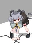  1girl all_fours animal_ears commentary_request dowsing_rod grey_hair hammer_(sunset_beach) jewelry leaning_forward loafers looking_at_viewer mouse_ears mouse_tail nazrin pendant red_eyes shoes short_hair skirt skirt_set smile solo tail touhou 