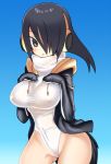  1girl aoi_souji black_hair blush breasts brown_eyes covered_navel emperor_penguin_(kemono_friends) hair_over_one_eye headphones highleg highleg_leotard highres jacket kemono_friends leotard long_hair looking_at_viewer multicolored_hair open_clothes open_mouth orange_hair solo standing thigh-highs white_legwear white_leotard 